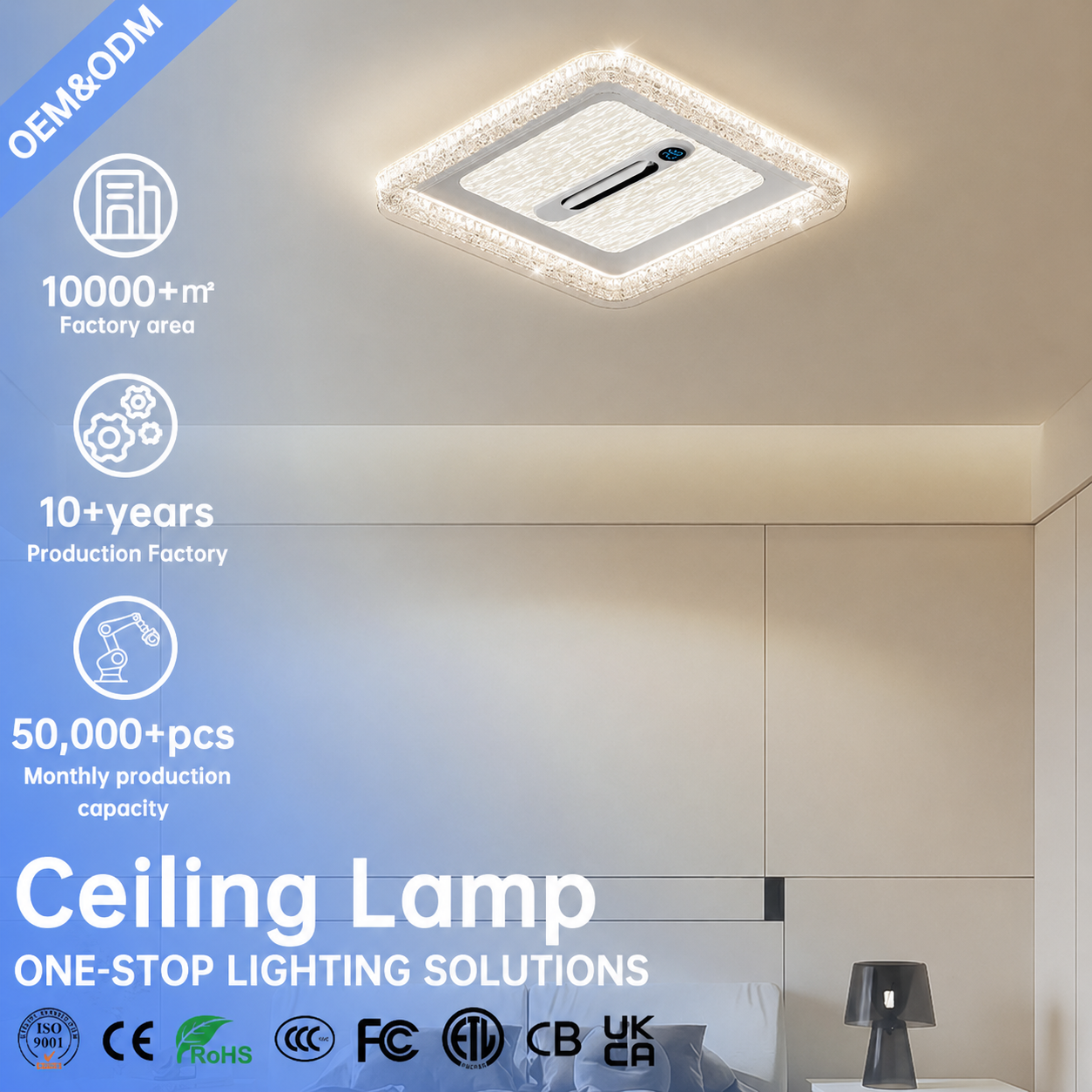 Modern LED Ceiling Fan Light with Remote Control, Square Crystal Flush Mount Ceiling Lamp for Bedroom Living Room Hotel