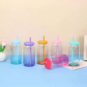 AGH 16oz Eco Jelly Clear Straight Glass Tumbler Striped Colored <b>Plastic</b> Lid and <b>Straw</b> Sublimation Mug - Product Image 2