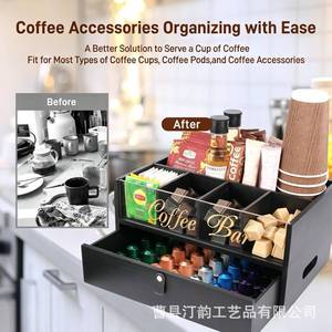 Wooden coffee capsule storage box, desktop bar counter tea bag storage rack with drawer, straw, <b>disposable</b> <b>cup</b> storage - Product Image 2