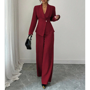 Ensemble Blazer et <span class=keywords><strong>Pantalon</strong></span> Large à Manches Longues Solide Automne Hiver Vêtements de Travail <span class=keywords><strong>Pantalon</strong></span> de Costume Élégant Blazer Femme de Bureau Deux Pièces - Product Image 1