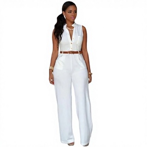 Combinaison en satin blanche sans manches, col en V, taille haute, avec ceinture, coupe ample, longueur intégrale, vêtements modernes pour femmes, printemps-été - Product Image 3