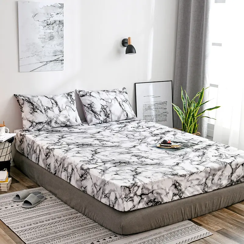 Customized Luxury Marble Design King Queen Size Bed Cover Mulberry Silk Hotel Bedding Set Fitted Sheet