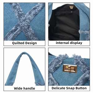 Sac fourre-tout en jean pour femme, sac à main bandoulière décontracté de haute qualité, design tendance pour femme - Product Image 5