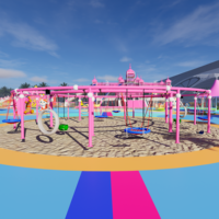 Balançoire circulaire à double anneau avec structure métallique et plusieurs sièges, pour aire de jeux extérieure, parc à thème, site touristique, parc d'attractions