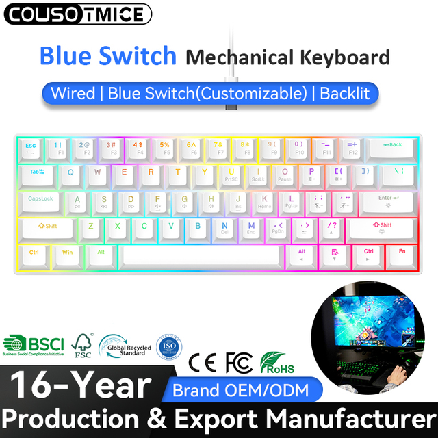 Customize German Arabic Dutch Portuguese French Brazilian Spanish 60 Percent 60% Mechanical Keyboard Blue Switch Gaming Keyboard