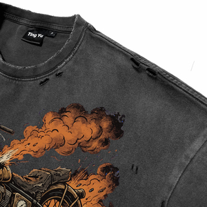 T-shirts pour hommes vintage effet vieilli, motif moto, délavés à l'acide, mode décontractée, manches courtes, avec lettres, coupe oversize, style streetwear - Product Image 6