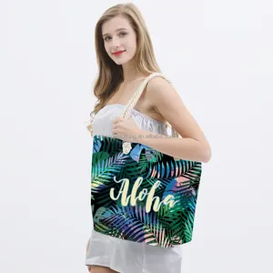 Women Casual Tie-dyed Tropical Palm Printing Souvenir Canvas Aloha Beach Tote Bag Summer Black Reusable Hawaii Bags