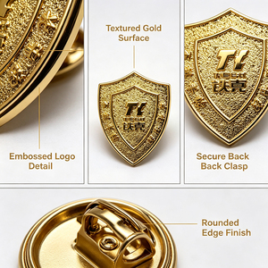 Premium Shield Metal Badge Custom Logo Embossed Gold Finish <b>Pin</b> On Lapel Brooch for Promotion - Product Image 2