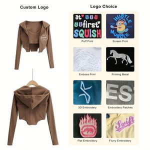 เสื้อมีฮู้ดขนแกะสีน้ำตาล2ชิ้นเสื้อครอปแบบซิปด้านล่างแบบไม่สม่ำเสมอสำหรับฟิตเนส - Product Image 3