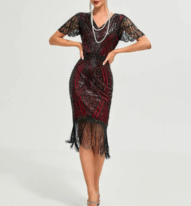 Offre Spéciale – Robe Midi Moulante <span class=keywords><strong>Femme</strong></span> Style Années 20, Vintage, Bordeaux Uni, à Paillettes, Franges et Manches en Dentelle, Col en V, Taille Naturelle, Écologique - Product Image 3