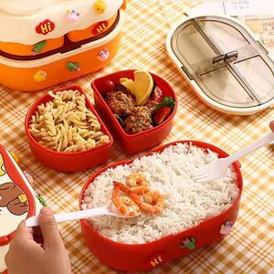 Cute Cartoon Dual-Tier Stackable Airtight Bento <b>Lunch</b> <b>Box</b> Double-<b>Layer</b> Handle Microwave Heating Lid High Sustainable Adults Kids - Product Image 3