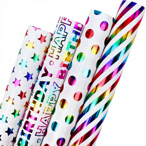 Custom Happy Birthday Gift <b>Wrap</b> <b>Paper</b> <b>Roll</b> with Stars Polka Dots Stripes Metallic Design for Party Celebration Packaging - Product Image 4