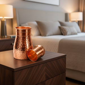 Carafe à eau en cuivre pur martelé avec ensemble de verres à boire pour les bienfaits ayurvédiques – Vaisselle de luxe en cuivre - Product Image 1
