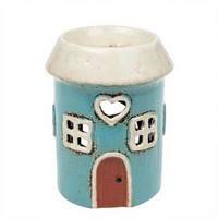 Support et chauffe-bougie en céramique artisanale en forme de maison bleue avec cœur, pour cire fondue et huiles essentielles, de la collection Giftware Village Pottery