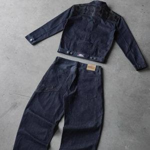 Set Due Pezzi Jeans e <span class=keywords><strong>Camicia</strong></span> da Lavoro in Denim con Etichetta Privata Personalizzata, Stile Hip Hop Vintage Acid Wash per Uomo - Product Image 1