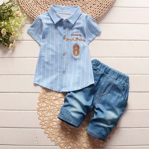 New Premium <b>Boys</b> <b>Linen</b> Fancy Lapel Stripe Letters Single-breasted Shirt and Denim Pant <b>Suit</b> Made in China - Product Image 1