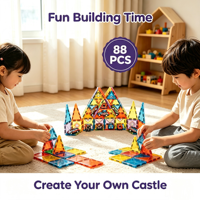 Populaire 88 pièces Tuiles de construction magnétiques transparentes 5,5 cm Jouet de blocs STEM DIY pour enfants (Château, Parking) pour garçons et filles