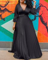 Robe longue Offre Spéciale été plissée à taille haute col en V Robes maxi à manches longues pour femmes de grande taille