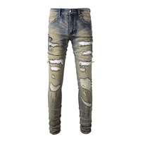 Vente en gros Hiver Serpent Broderie Hommes Denim Pantalon Vintage Bleu Lavé Écologique Hip Hop High Street Endommagé Patch Distressed