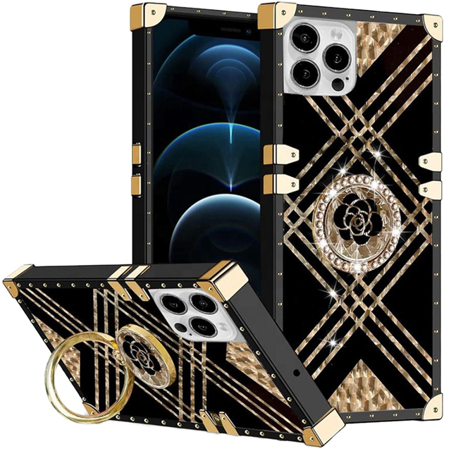 Luxury Rectangle TPU Mobile Phone Case for 16/17 Pro Max with Shockproof Design Ring Holder & Phone Strap