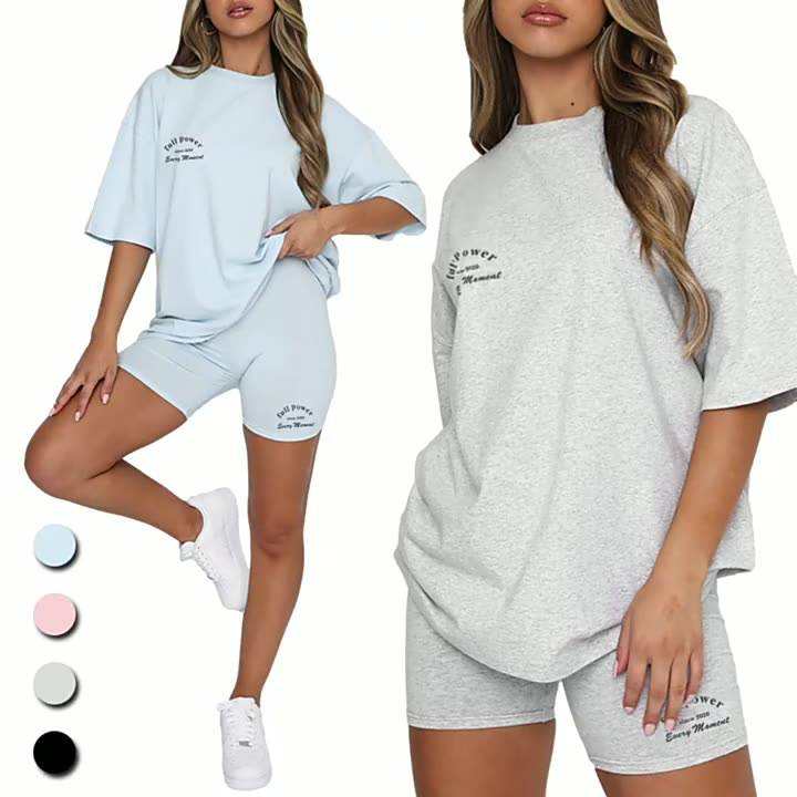 High Quality Tshirt and Short Set Custom Logo summer Ladies T-shirt 2 Pc Biker Shorts Sets Oversized Women Two Piece Shorts Set