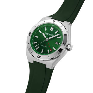 Montre-bracelet élégante de style professionnel avec boîtier en acier inoxydable, mouvement à quartz, bracelet en caoutchouc vert pour affichage double fuseau horaire et lecture lumineuse - Product Image 2
