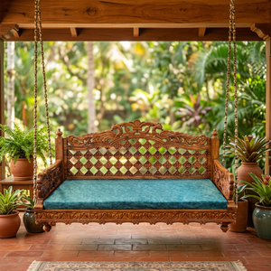 <b>Wooden</b> Outdoor Patio <b>Swing</b> Chair with Non-Waterproof Teal Cushion Full Color Printed for 2 People Traditional Design - Product Image 1