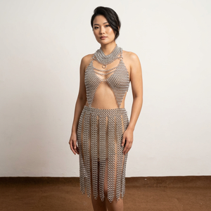Conjunto de Armadura de Malla Metálica de Imitación Antigua para Mujer, Estilo Medieval Moderno, con Top, Collar, Sujetador y Falda de Aluminio - Product Image 1