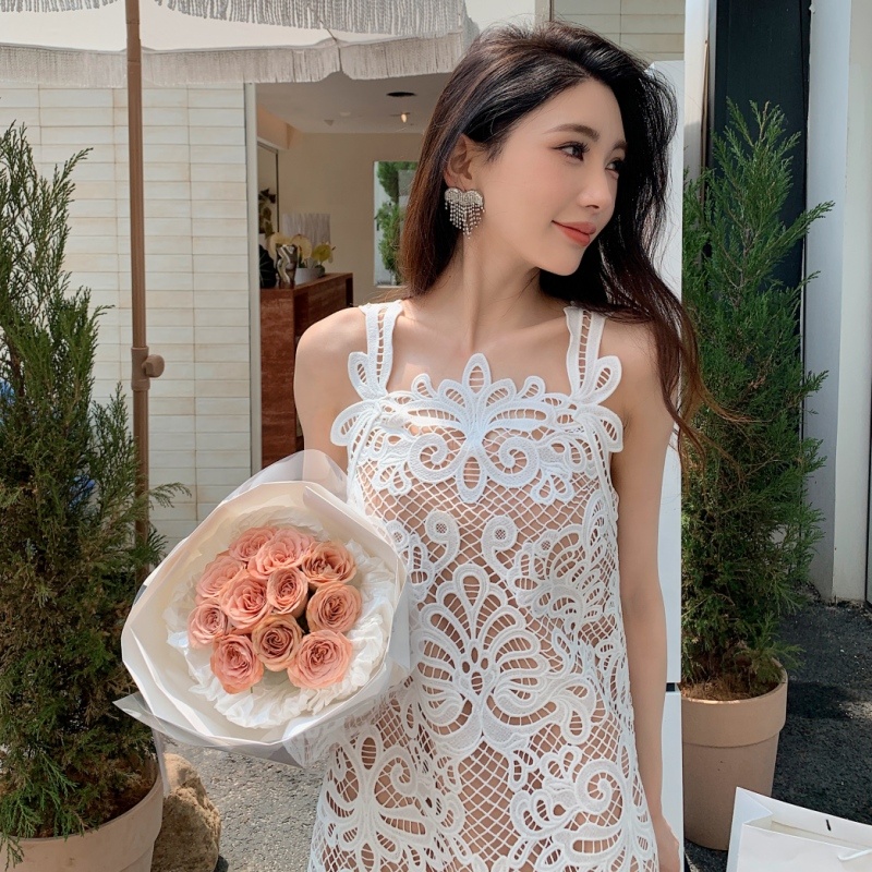 2024 Women's New Summer Dress White One-piece Heavy Lace A-line Loose Waist Dress Halter Short Dress 2024 Women's New Summer Dress White One-piece Heavy Lace A-line Loose Waist Dress Halter Short Dress