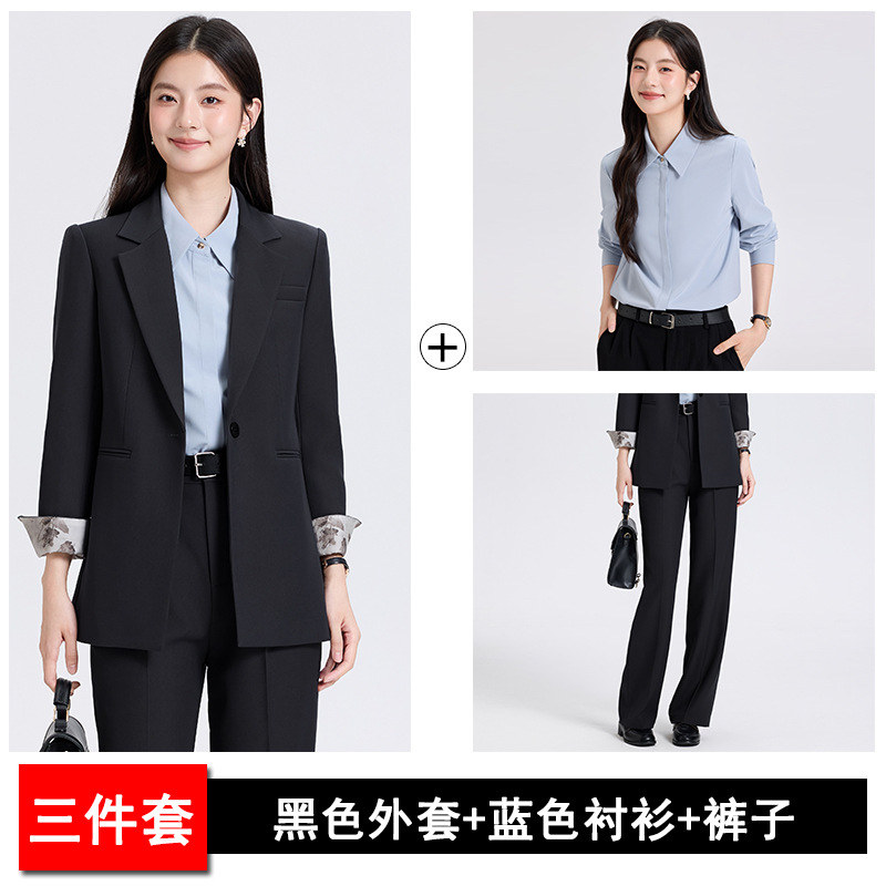 Black suit, blue shirt and trousers