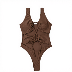 Maillot de bain une pièce sexy couleur unie avec string, taille haute, séchage rapide, écoresponsable, en Spandex/Polyester pour femme - Product Image 4