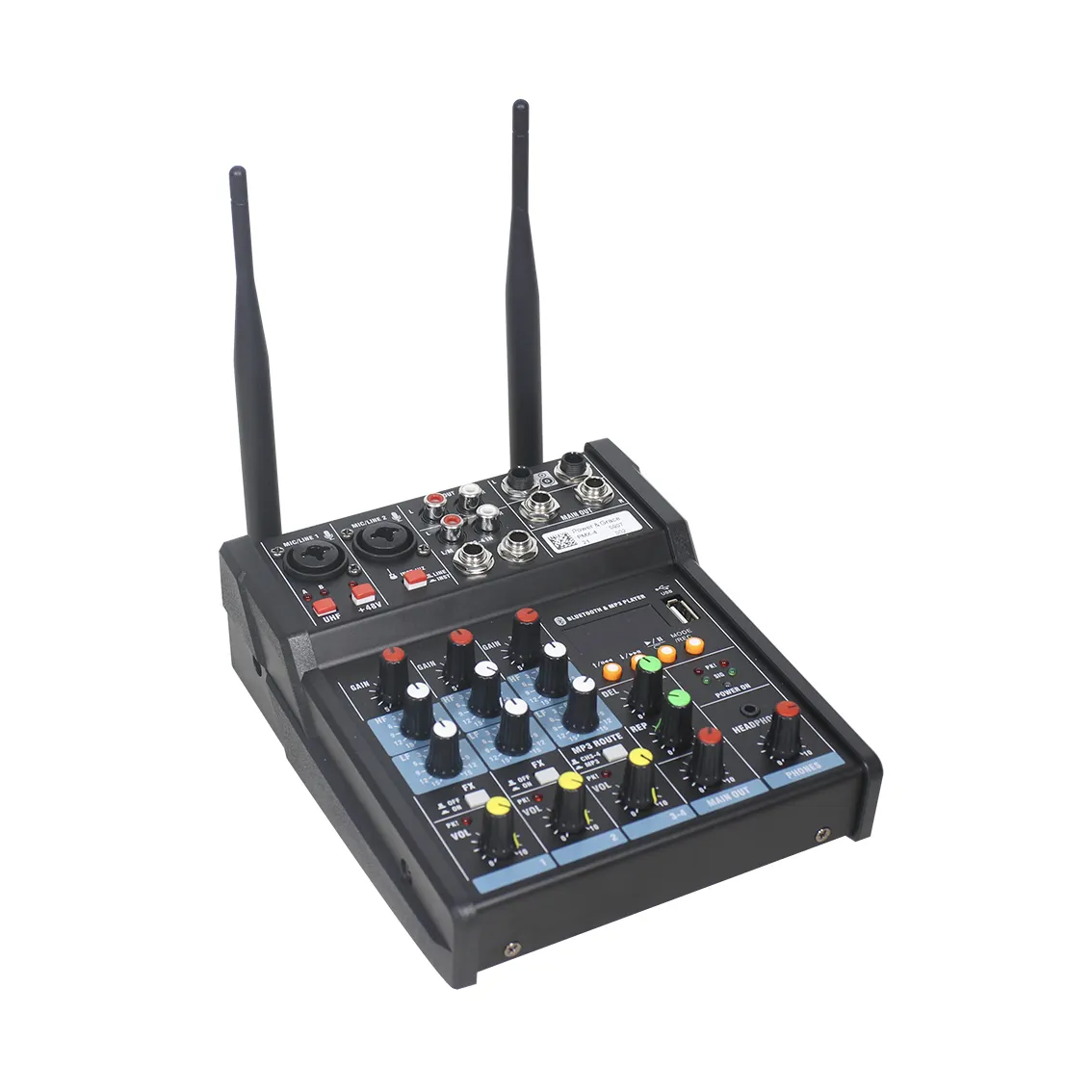 Professional Audio 4 Channels Bluetooth Built-in Amplifier Audio Mixer with 2 PCS Wireless Handheld Microphones