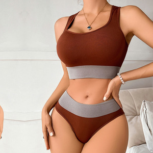 Ensemble soutien-gorge sans couture respirant et culotte taille haute unie pour femme, lingerie sexy sans armatures avec logo à la taille - Product Image 5