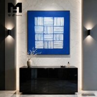 Wohndekor 100% Handgemaltes Leinwandbild Kreative Wandkunst 3D Linien Blaues Quadratgitter Strukturiertes Abstraktes Ölgemälde mit Rahmen