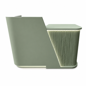 Ensemble de mobilier de salon de coiffure de luxe 5 pièces en velours vert sauge avec finition dorée, poste de lavage, chaise capitonnée, bureau d'accueil, canapé et miroir LED - Product Image 4