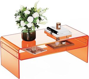 Meja Kopi Akrilik Oranye dengan Rak Penyimpanan Terbuka Organizer Lucite Persegi Panjang Transparan untuk Rak Pajangan Ruang Tamu - Product Image 1