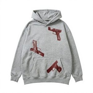 Sweat-shirt gris à capuche en coton et fibre de bambou, anti-plis, en polaire, col rond, imprimé pistolet, pour homme, vente en gros - Product Image 3