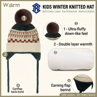 Bonnet d'hiver tricoté personnalisé pour enfants, motif géométrique forêt, avec broderie 3D, pompon en vraie fourrure et doublure en coton, idéal contre le froid