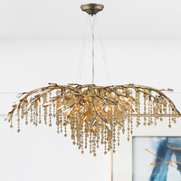 Candelabros de rama de cobre, luces de techo decorativas de cristal con borlas artísticas, lámpara colgante para sala de estar y dormitorio europea