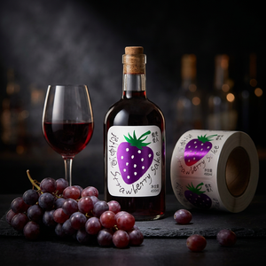 Etiquetas Personalizadas Impermeables para Botellas de Vino con Diseño de Fresa, con Recubrimiento UV de Vinilo, Estampado en Lámina Dorada, Adhesivas, Precio de Fábrica - Product Image 1