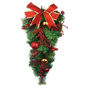 소나무 콘 리본 활 매달려 소나무 바늘 장식 인공 크리스마스 눈물 장식 실내 야외 가정 문 매달려 장식