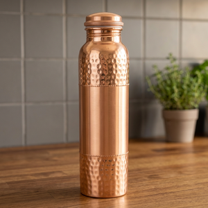 Botella de Agua de Cobre con Textura Dimpled, Acabado Martillado, Portátil, con Tapa, Diseño Minimalista, para Viajes - Product Image 1