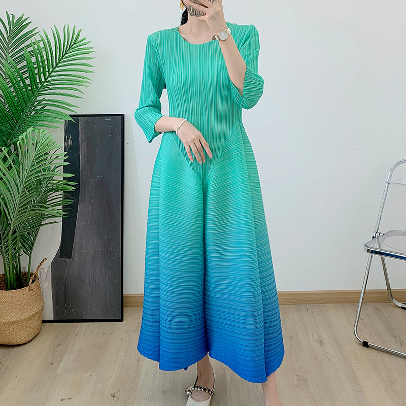 New Arrival High Quality Fashion Miyake Pleated Dress Bud Hem Long Sleeve  Neck Rainbow Striped Casual Dress Woven Material