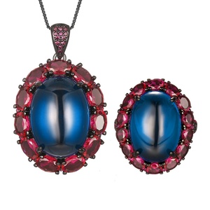 Ensemble de bijoux écologiques en cuivre et pierres précieuses, 15*20-13*18mm, zircon bleu et rouge, pendentif vintage de haute qualité, ensemble de boucles d'oreilles - Product Image 1