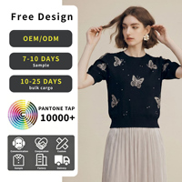 Haut en tricot jacquard papillon diamanté pour femme, chemise noire à col rond et manches courtes bouffantes, décontractée et polyvalente