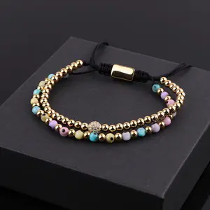 New Design 4mm Glass Evil Eye Beads Gold Plated Stainless Steel Beaded Braided Macrame Bracelet JBS12603