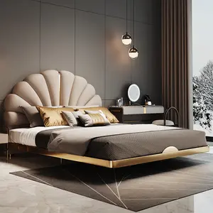 卧室床家具豪华现代设计，轻质实木皮革天然乳胶床垫木床