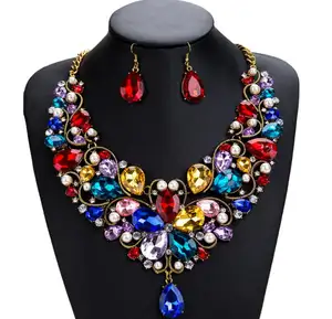 Queena Fashion Bib Choker Crystal Pendant Statement Necklace Earrings Party Jewelry Set