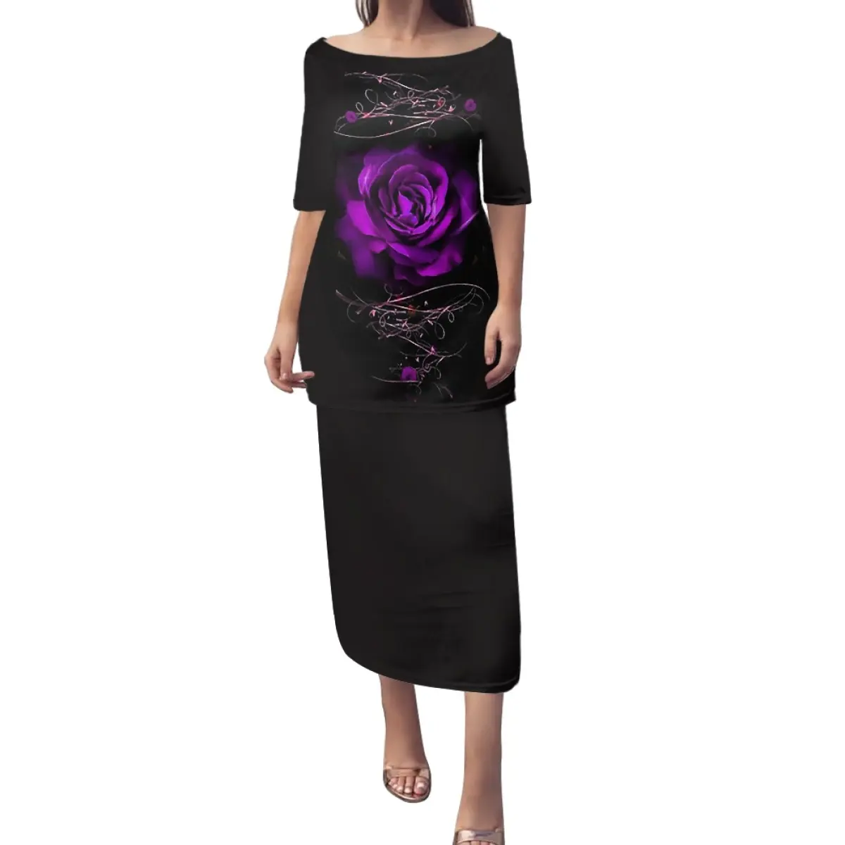 Gothic Purple Rose Design Summer Women Dresses Temperament Half Sleeve Two Piece Skirt Set for Ladies Female Clothing Low MOQ