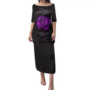 Gothic Purple Rose Design Summer Women Dresses Temperament Half Sleeve Two Piece Skirt Set for Ladies Female Clothing Low MOQ